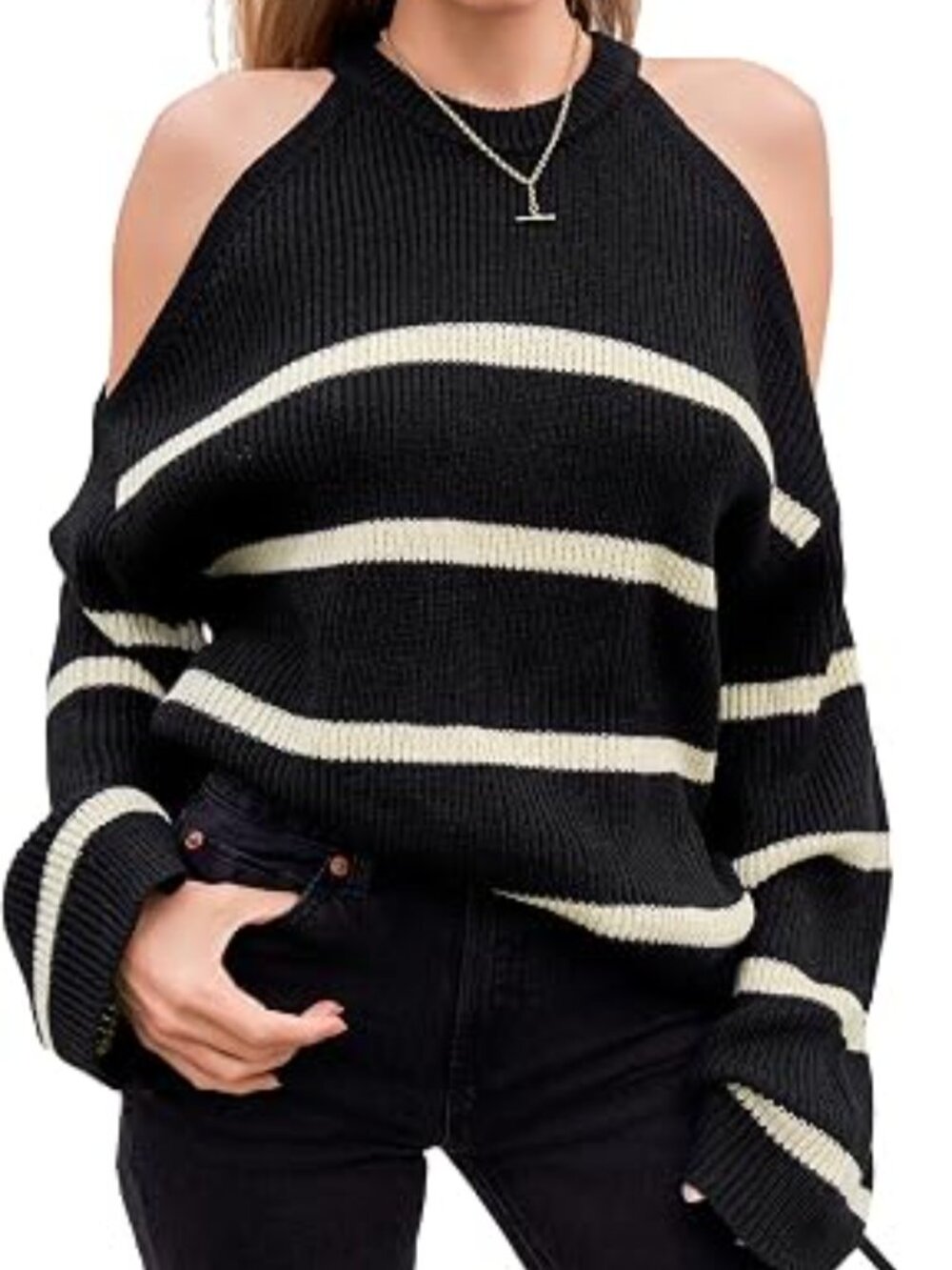 CUPSHE Oversized Off the Shoulder Halter Neck Striped Sweater Size XL NWT